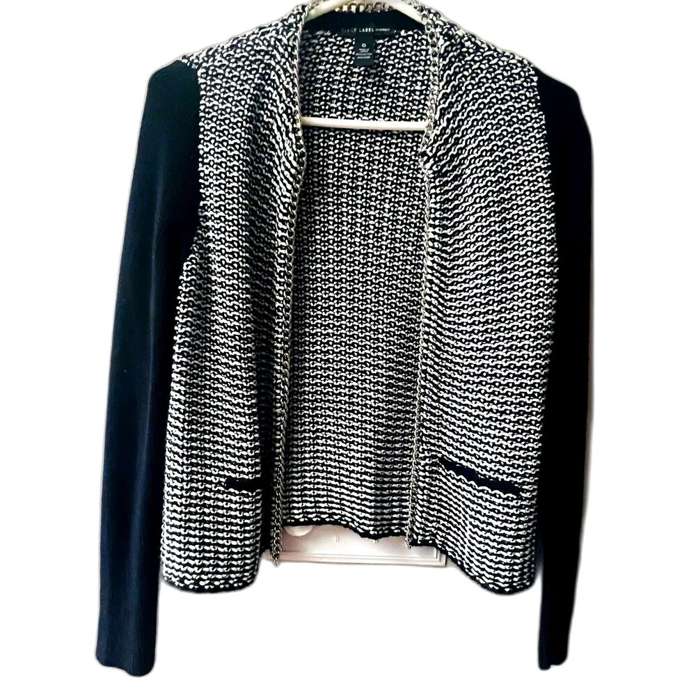 Chico's Black Label Sweater Jacket Cardigan Chain Detail Black/White EUC Sz L